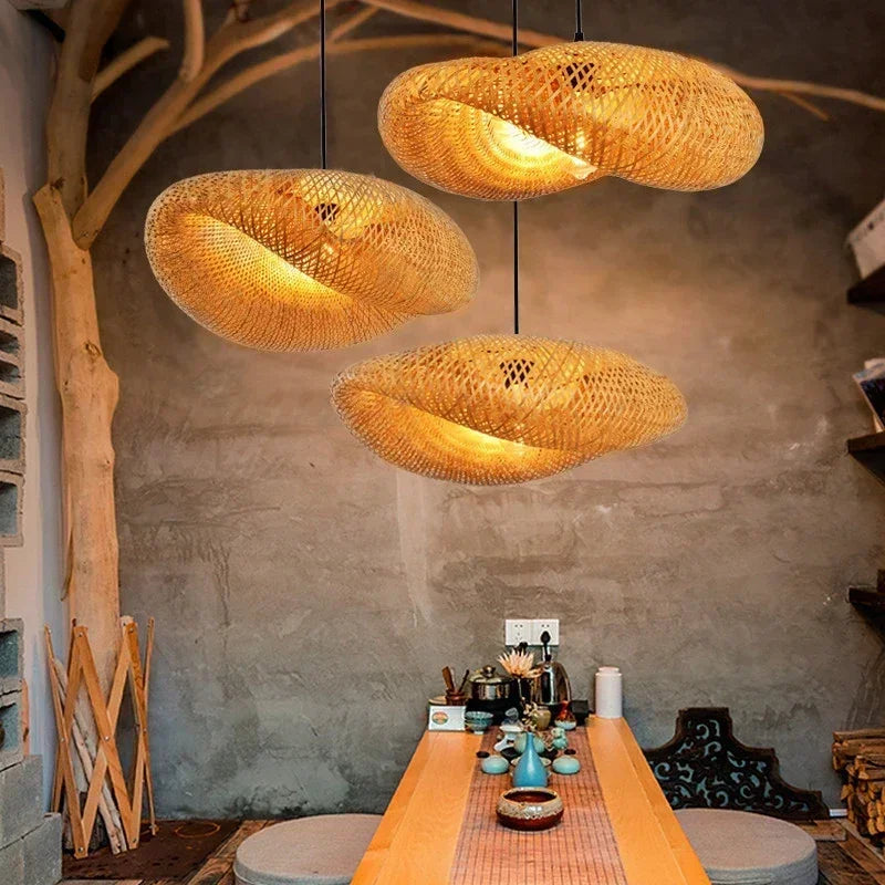 Bamboo Hanging Lamp Pendant Ceiling Light Rattan Wicker Lustre Hand Knit Braiding Suspended Home Dining