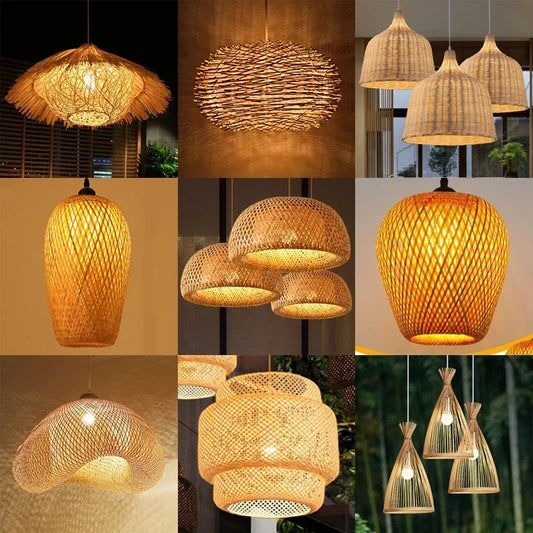 Bamboo Hanging Lamp Pendant Ceiling Light Rattan Wicker Lustre Hand Knit Braiding Suspended Home Dining