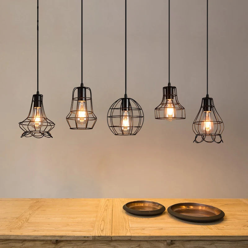 Vintage Industrial Pendant Light Black Wrought Iron Caged Hanging Lamp Chandeliers for Loft Bar Bedroom Living Dinning Room