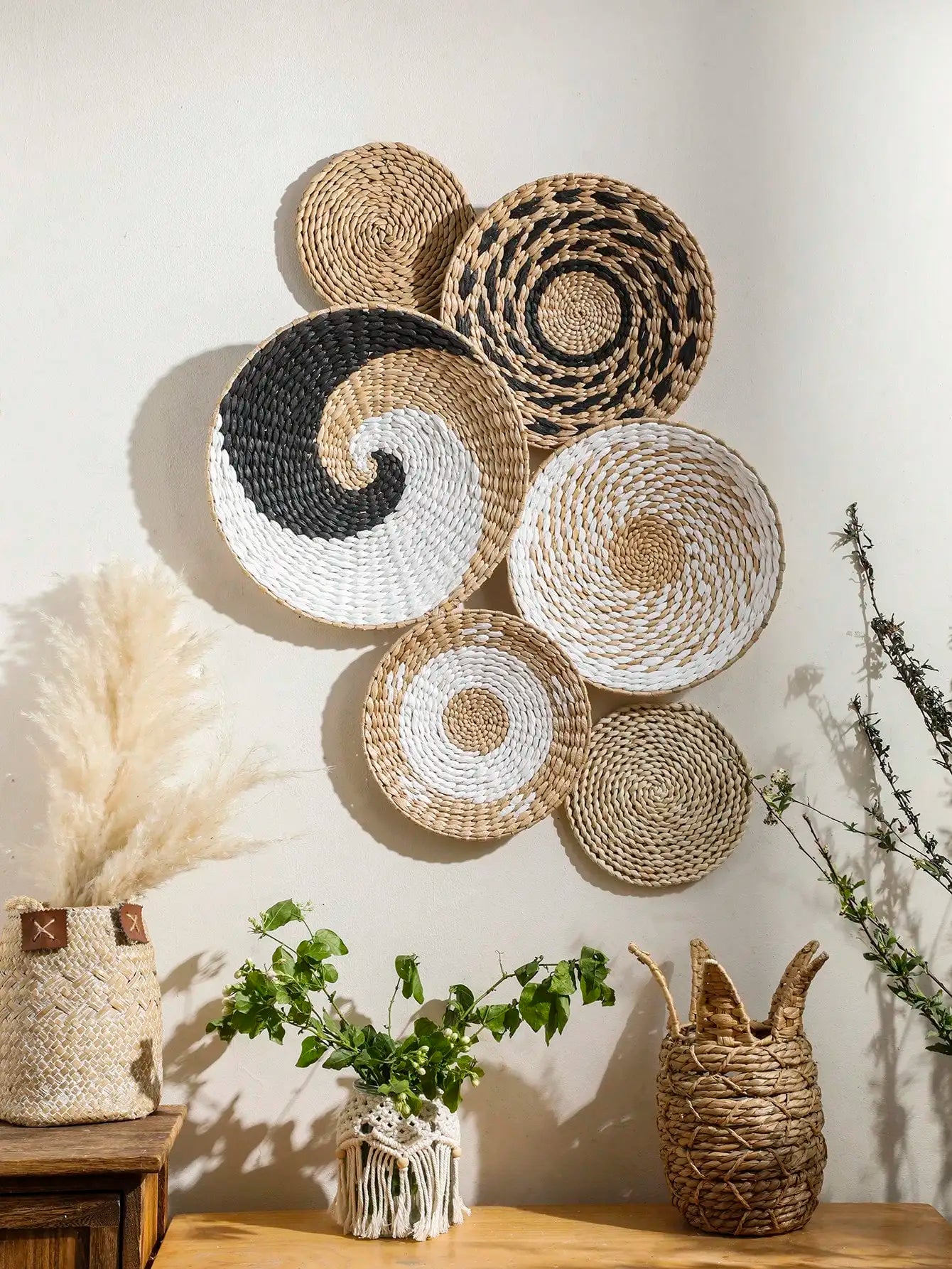 6 Pcs Boho Hand Woven Wall Basket Hanging Home Decorative Rustic Wall Basket Decor Gift For Kitchen Farmhouse Table Living Room