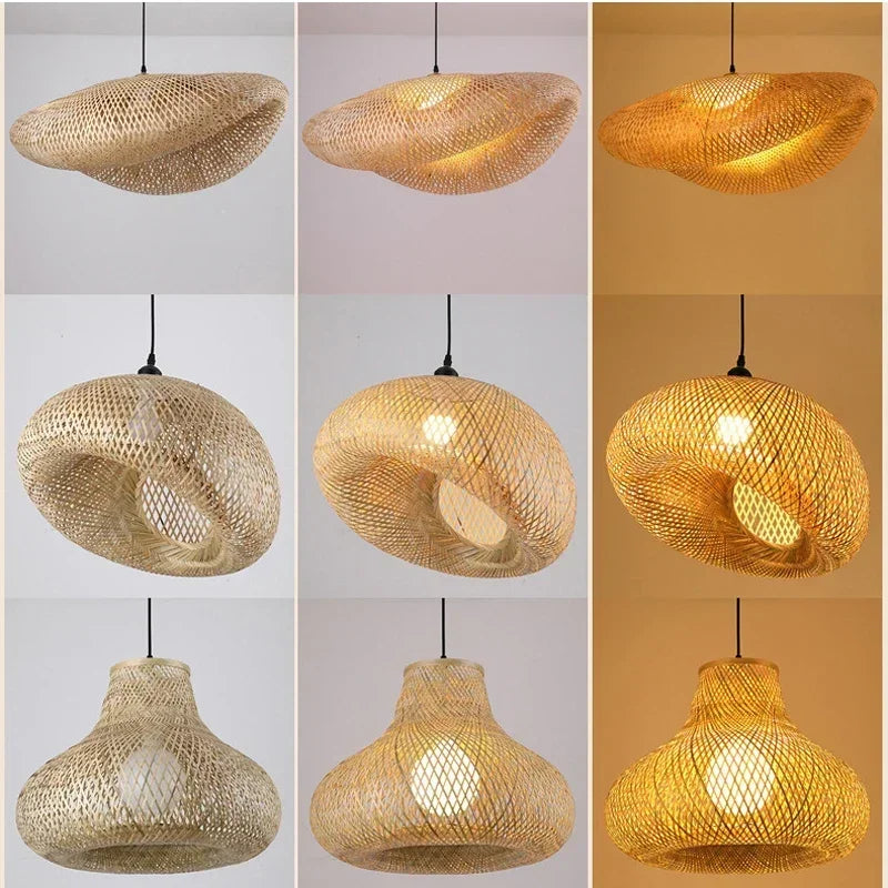 Bamboo Hanging Lamp Pendant Ceiling Light Rattan Wicker Lustre Hand Knit Braiding Suspended Home Dining